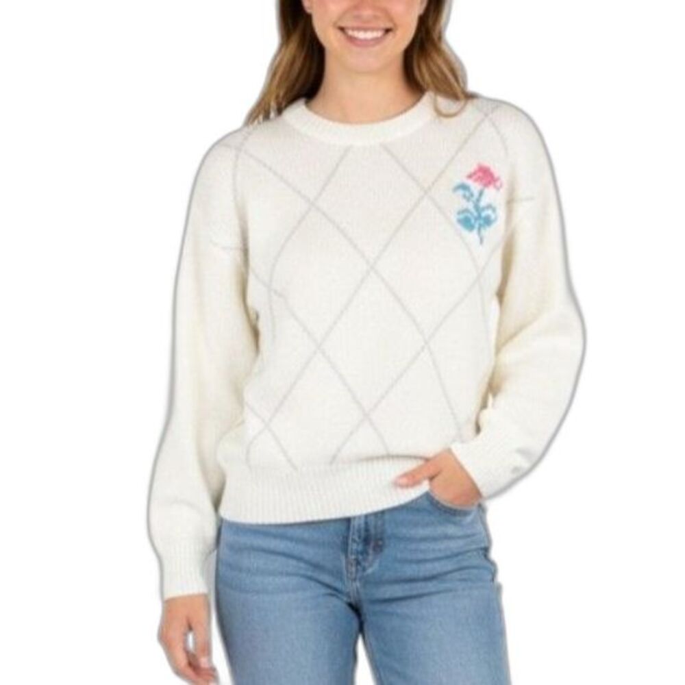 VTG 80s Maison Gabriel Women's Ivory Argyle Floral LS Crewneck Sweater Size S